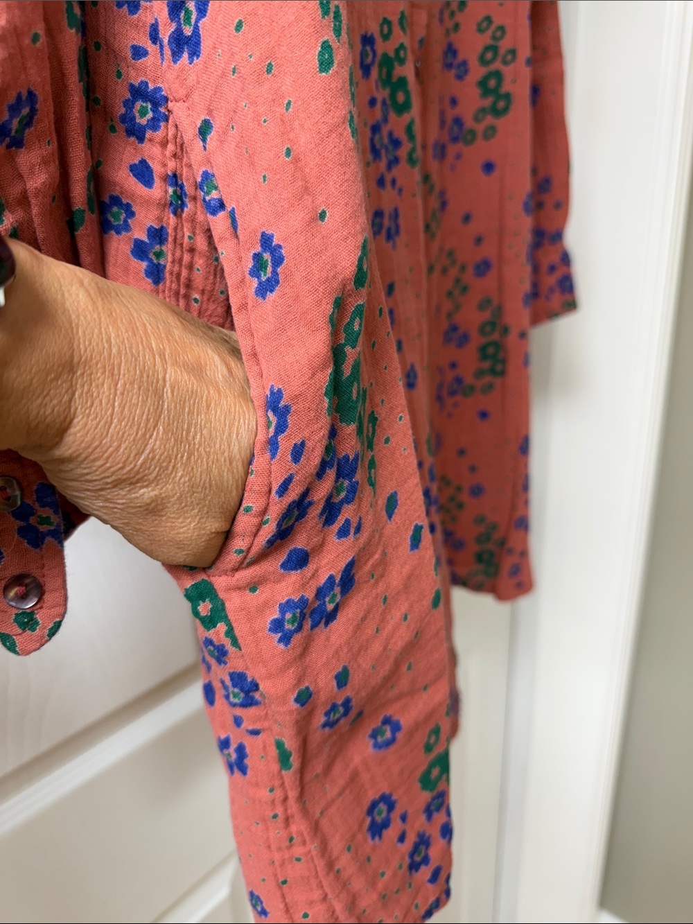 NATURAL LIFE Coral Button-Down Shirt with Blue & Green Floral Print - Picture 3 of 3